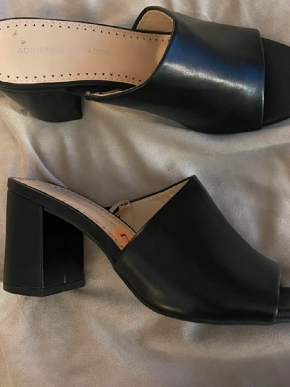 Adrienne Vittadini Black Open-Toe Leather Block Heel Mules